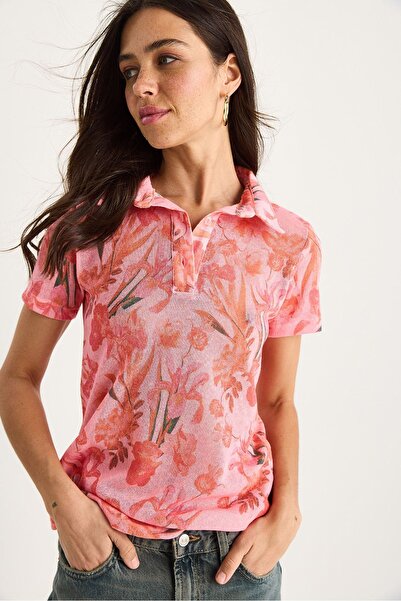 Hiccup Digitally Printed knitted summer blouse with polo collar, Bianco Lucci