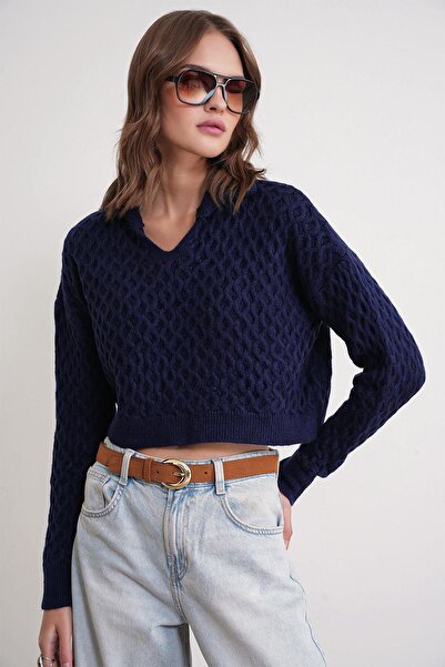 Hiccup Mixray short sweater with shirt collar and relaxed fit