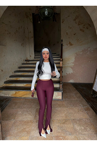 kırmızı butiks Παντελόνι μπορντό με σκίσιμο μπροστά και κορδόνια