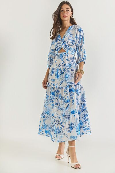 Hiccup Long linen dress with Printed and window details Bianco Lucci