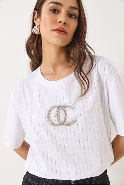 Hiccup Tricou casual Bianco Lucci cu guler rotund și mânecă scurtă, imprimeu ...