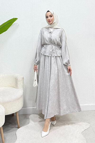 Tesettür Diyarı Natia Lace-Lined Linen Fabric Hijab Set - Light Gray