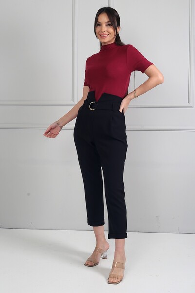 By Saygı Women's Elastic Waist Belted Pocketed Double-Legged Pleated Trousers