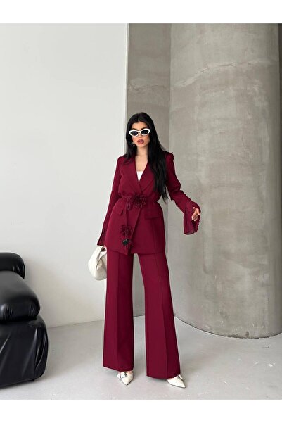 Ekim Store بدلة بليزر مزدوجة بأكمام مزينة بالزهور وتفاصيل من التول