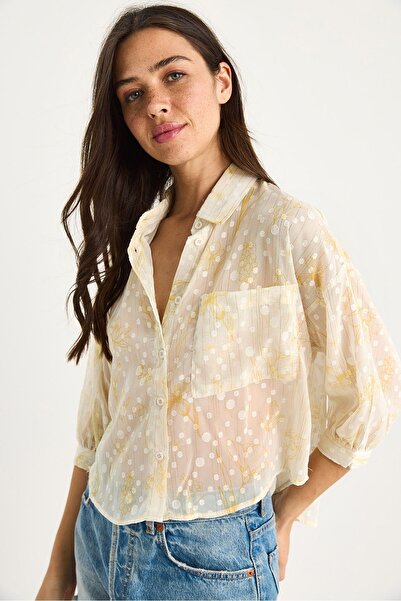 Hiccup Cămașă cu mânecă scurtă, model jacquard floral și nasturi, cu buzunar