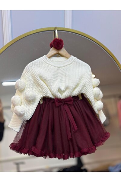 ArdenKids 2-8 Yaş Ekru Ponpon Triko Kazak & Bordo Tütü Etek & Ponpon Klips Toka