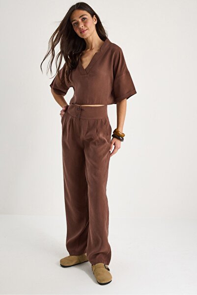 Hiccup Bianco Lucci Modal Two-Piece Set with V-Neck Top and High-Waisted Trou...