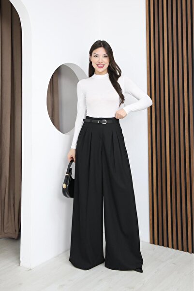 FEMİNEER.com Women's Black Belted Palazzo Trousers