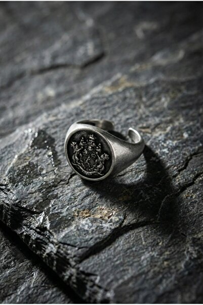 KARV Gümüş Kaplama Kraliyet Armalı Şövalye Yüzük - Aslanlı Arma Desenli Erkek...