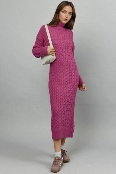 Hiccup MY FASHION Rochie Tricotată Cu Mâneci Lungi, Guler Înalt Și Impletituri