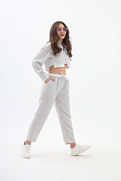 VELİZADE Pantaloni cămașă gri cu dungi, cu talie și șireturi, pentru femei, s...
