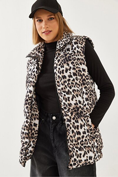 Hiccup Bianco Lucci high collar leopard Printed puffer vest