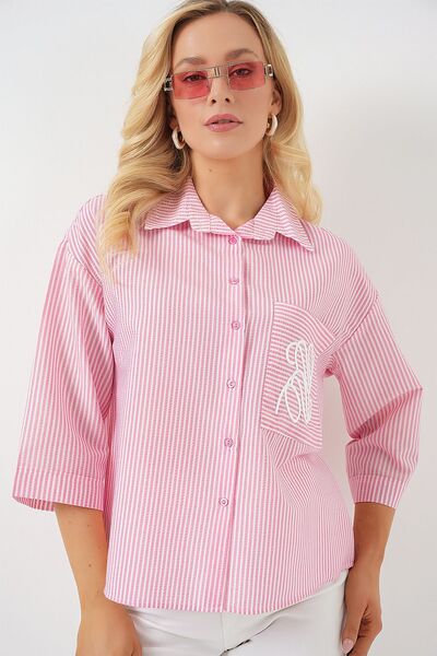 Hiccup Bdart Striped Poplin Shirt, Embroidered