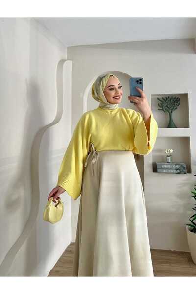 MELİNAY MODA Kadın Sarı Yarasa Kol Kazak