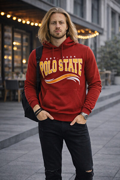 Polo State Hanorac pentru bărbați, cu glugă, imprimat, cu buzunar cangur, roș...