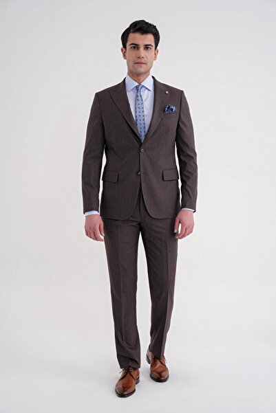 Efor Slim Fit Çift Yırtmaç Sivri Yaka Esnek Kahverengi Klasik Takım Elbise TK...