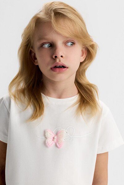 NK Girl's Butterfly Pearl Tshirt 4-8 Years Old Ecru-Pink