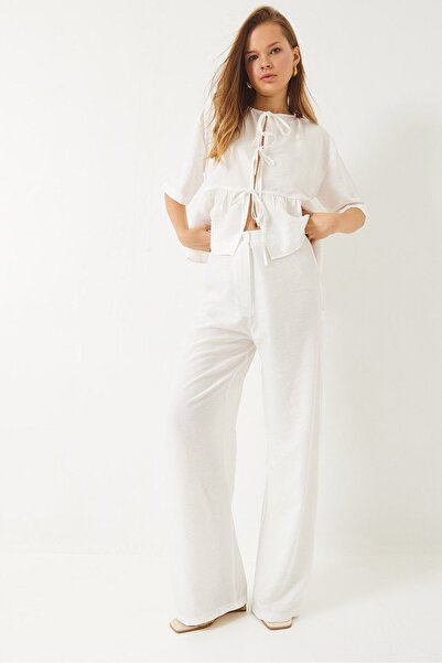 Hiccup Bianco Lucci two-piece set for short-sleeved blouse and knotted trousers