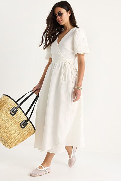 Hiccup Long muslin dress with wrap closure and balloon sleeves Bianco Lucci