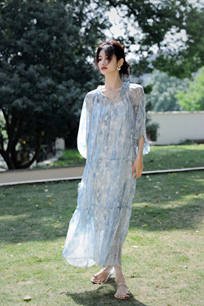 dorbe elegant blue chiffon overlay women midi dress