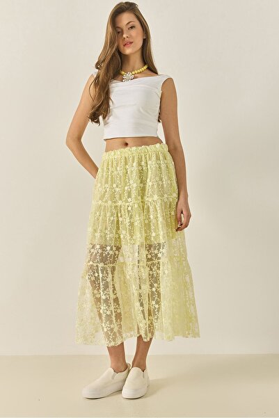 Hiccup Fustă lungă cu talie înaltă, scurtă, cu volane, din dantelă florală, B...