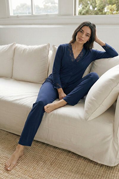 Espuar 746 Women's Lace Detailed Front Buttoned Long Sleeve Bottom Top Pajama...