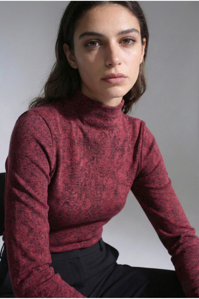 Şiir Tekstil Falena Jacquard Long Sleeve High Collar Blouse, Burgundy