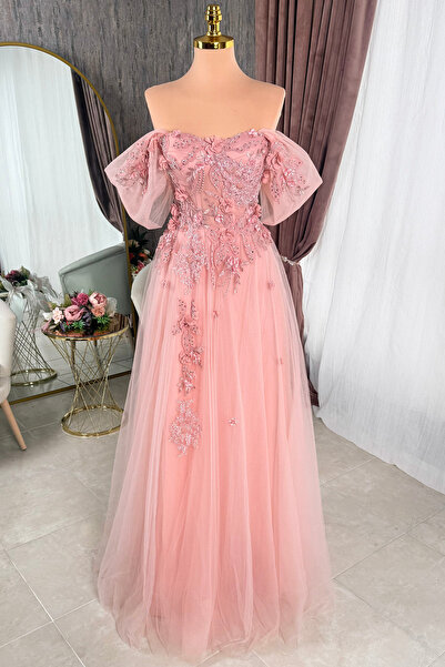 Lenta Moda Pudra İşlemeli Dantel Ve Üç Boyutlu Dantel Kaplamalı Maxi Abiye ve...