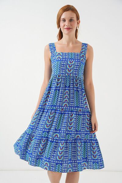 Hiccup Bdart Square Neck and Zipper Printed Long Dress