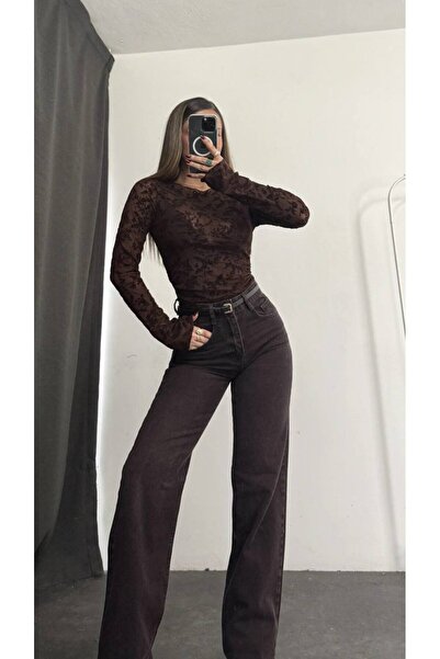 TrendParis Velvet Floral Patterned Flocked Tulle Long Sleeve Blouse