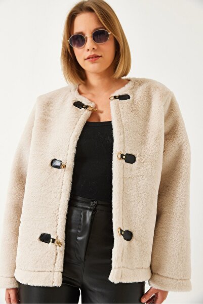 Hiccup Jachetă laminată din lână artificială cu aplicații Bianco Lucci