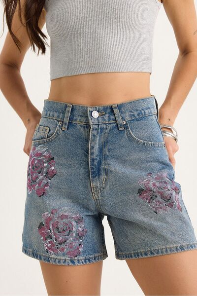 Hiccup High-waisted denim shorts, rose pattern and colorful stone print, Bianc