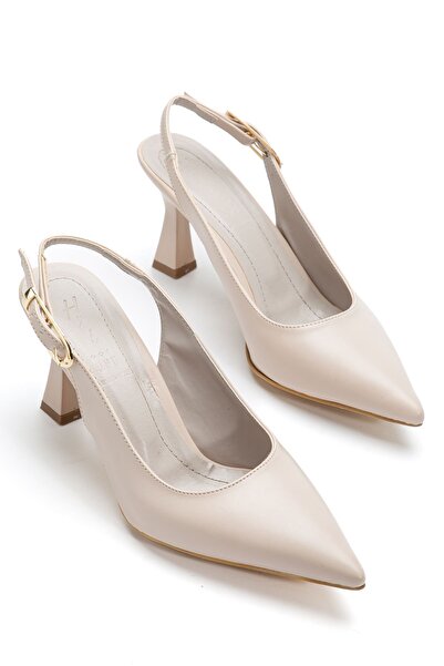 Hayalimdeki Ayakkabı Pantofi de damă din piele bej, cu spatele deschis, cu to...