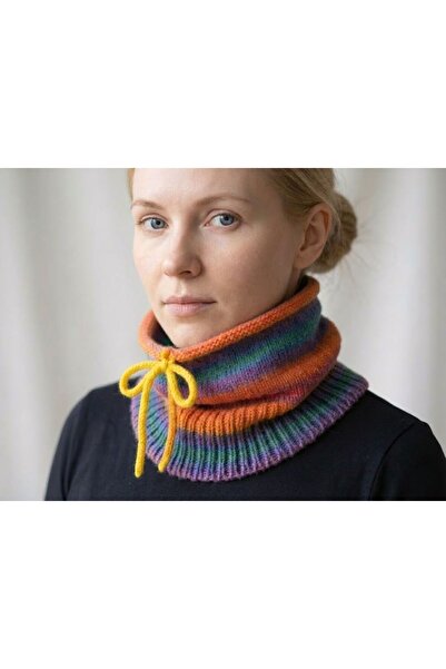 Handmaddetr Kadın Yumuşak Yün Örgü Bere & Boyunluk Seti Gökkuşağı Desenli