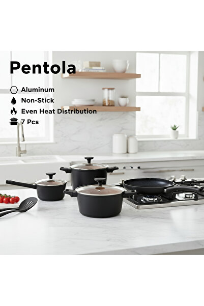 Pentola 7Pcs Aluminum Non Stick Cookware Set With Glass Lids, Matt Black