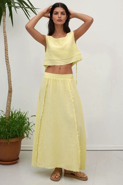 Hiccup Elastic Waist Skirt-Side Tie Detailed Blouse Muslin Suit