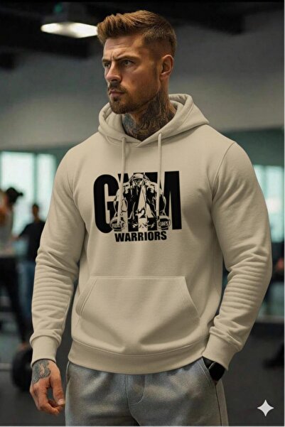 NO 601 Men's Beige Hooded Gym Warrirors Printed Sweatshirt