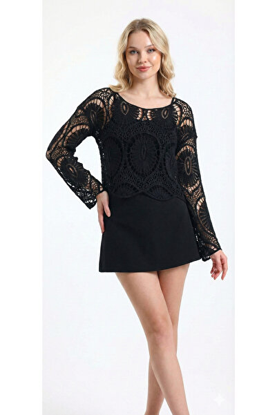 Sibel Günay Butik Women's Cotton Knitted Lace Mesh Black Blouse