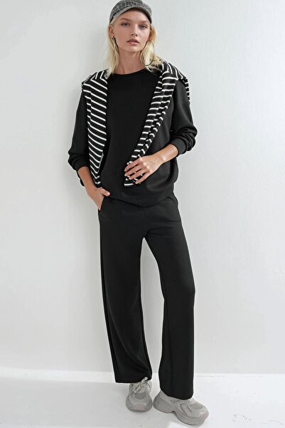 Hiccup Modal Textured Crew Neck Sweatshirt & Wide Leg Trousers Two-Piece Set ...