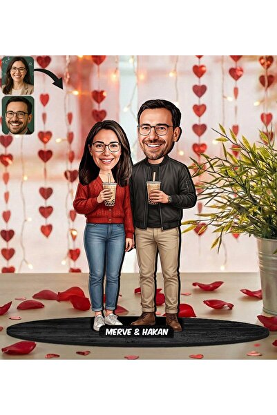 Bk Gift Kişiye Özel Sevgili Karikatürlü Ahşap Biblo -5, Fotoğraftan Karikatür...