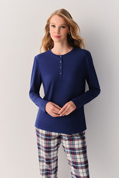 SUWEN Pillow Check Uzun Kol Düğme Yaka Pijama Üstü