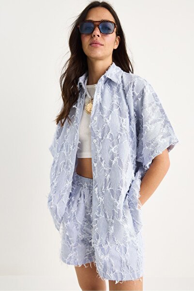 Hiccup Oversized striped fringed shirt with pockets and elastic waist shorts set