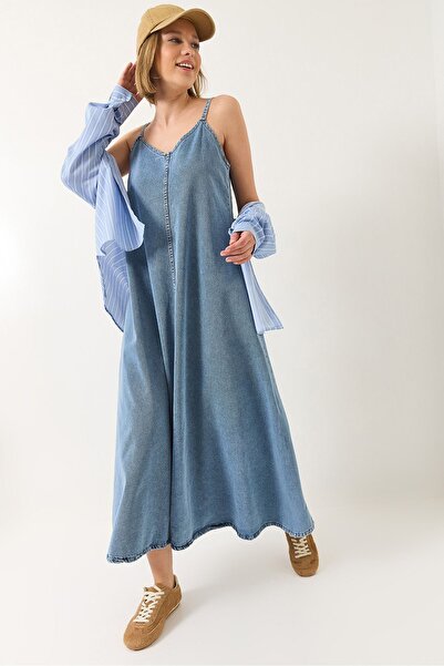 Hiccup Rochie lungă din denim Bianco Lucci cu bretele subțiri