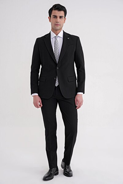 Efor Slim Fit Çift Yırtmaç Gofre Kumaş Esnek Siyah Spor Takım Elbise TK 940