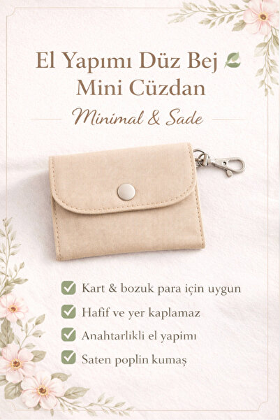 Tasarım Handmade Mini Wallet with Keychain – Floral Pattern / Plain Beige