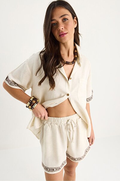Hiccup Two-piece set with embroidered linen shorts and pockets Bianco Lucci
