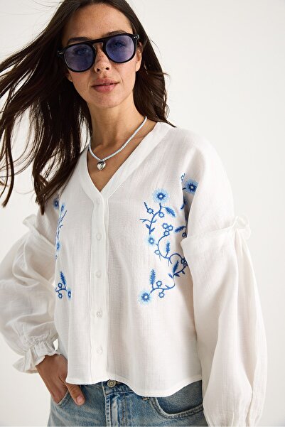 Hiccup Embroidered muslin summer shirt with V-neck and elastic sleeves, Bianc...