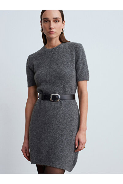 Dilvin 90257 Crew Neck Wool Blend Knitwear Dress-K.Fume M.