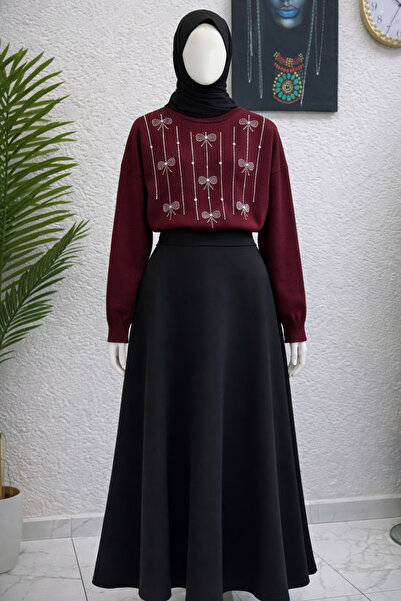 Nursay Burgundy Knitwear Stone-Studded Sweater Scuba Skirt Combination