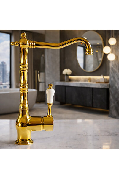 MUSLUQ RUSTİK TASARIM 360 DERECE DÖNER BORULU MUTFAK-EVİYE BATARYASI GOLD-ALT...